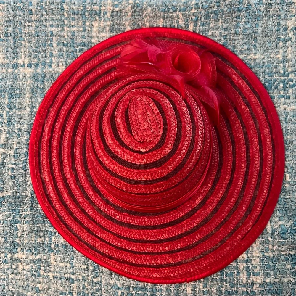 Elegant Red Wide-Brim Decorative Women's Hat - Picture 5 of 8